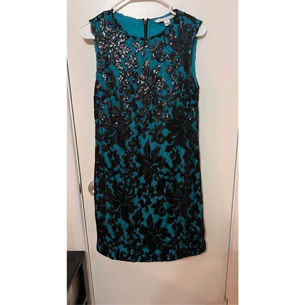 DIANE VONFURSTENBERG LACEY SEQUIN SHIFT DRESS TEAL/BLACK WOMENS SIZE 2